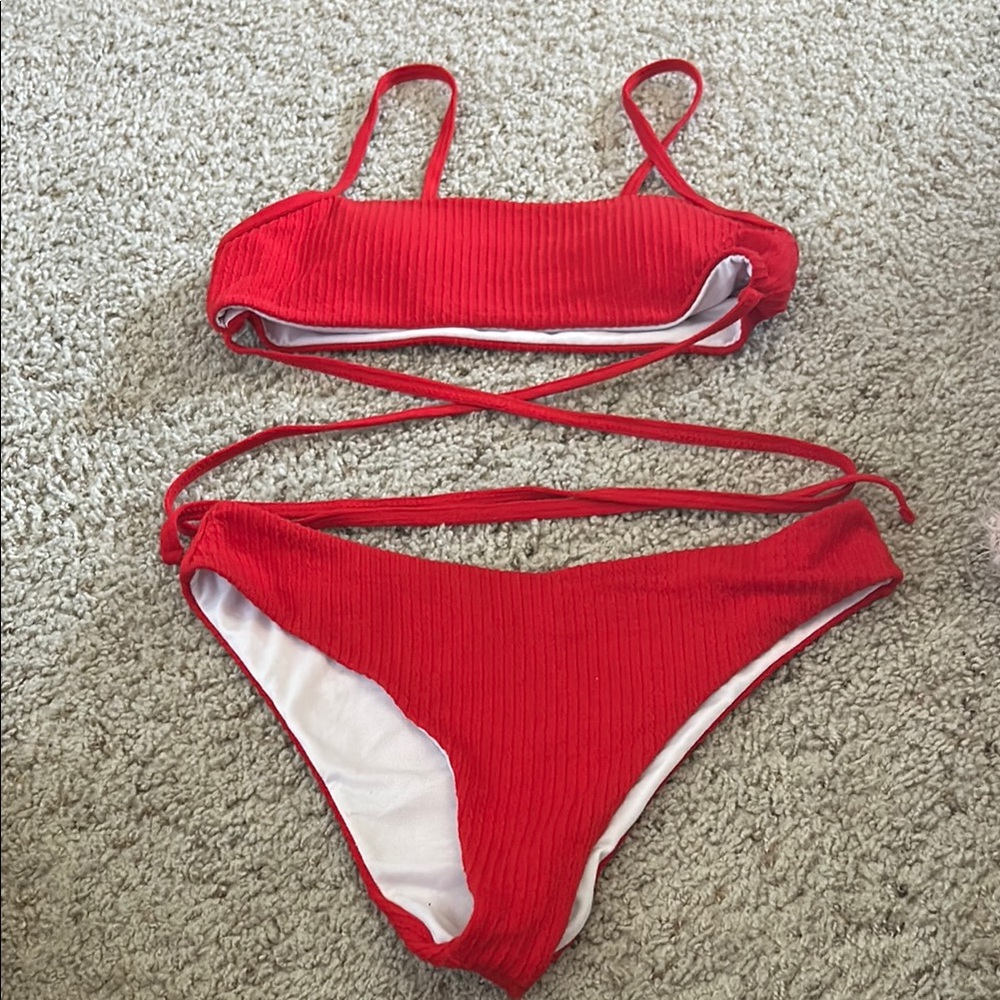Red Ribbed Bikini Set